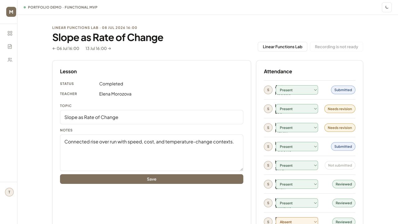 Lesson page with editable notes, attendance controls, and homework statuses