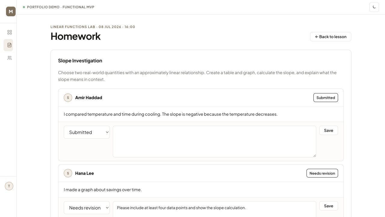 Homework review screen with student responses, status controls, and teacher comments