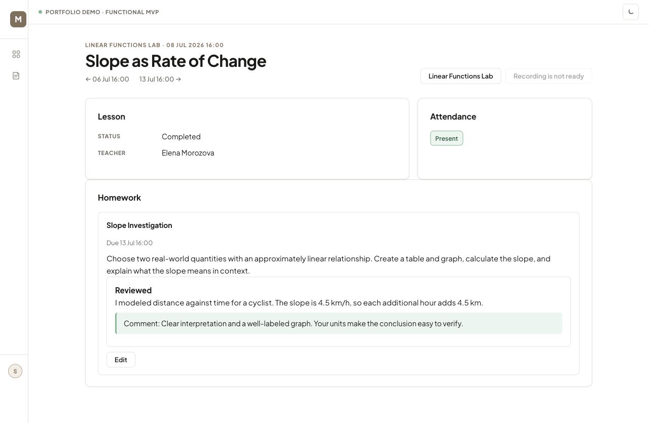 Student lesson page showing a reviewed assignment and teacher feedback